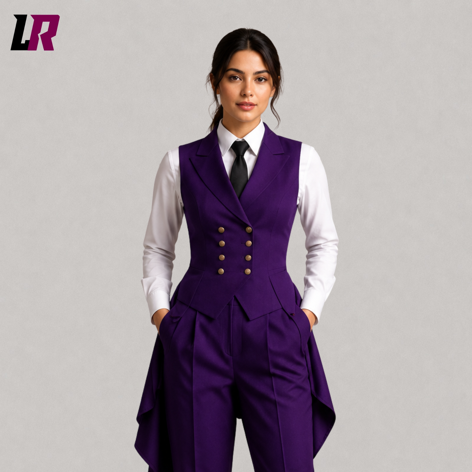 Close-up of women's luxury purple Victorian tailcoat pantsuit featuring elegant military-inspired detailing