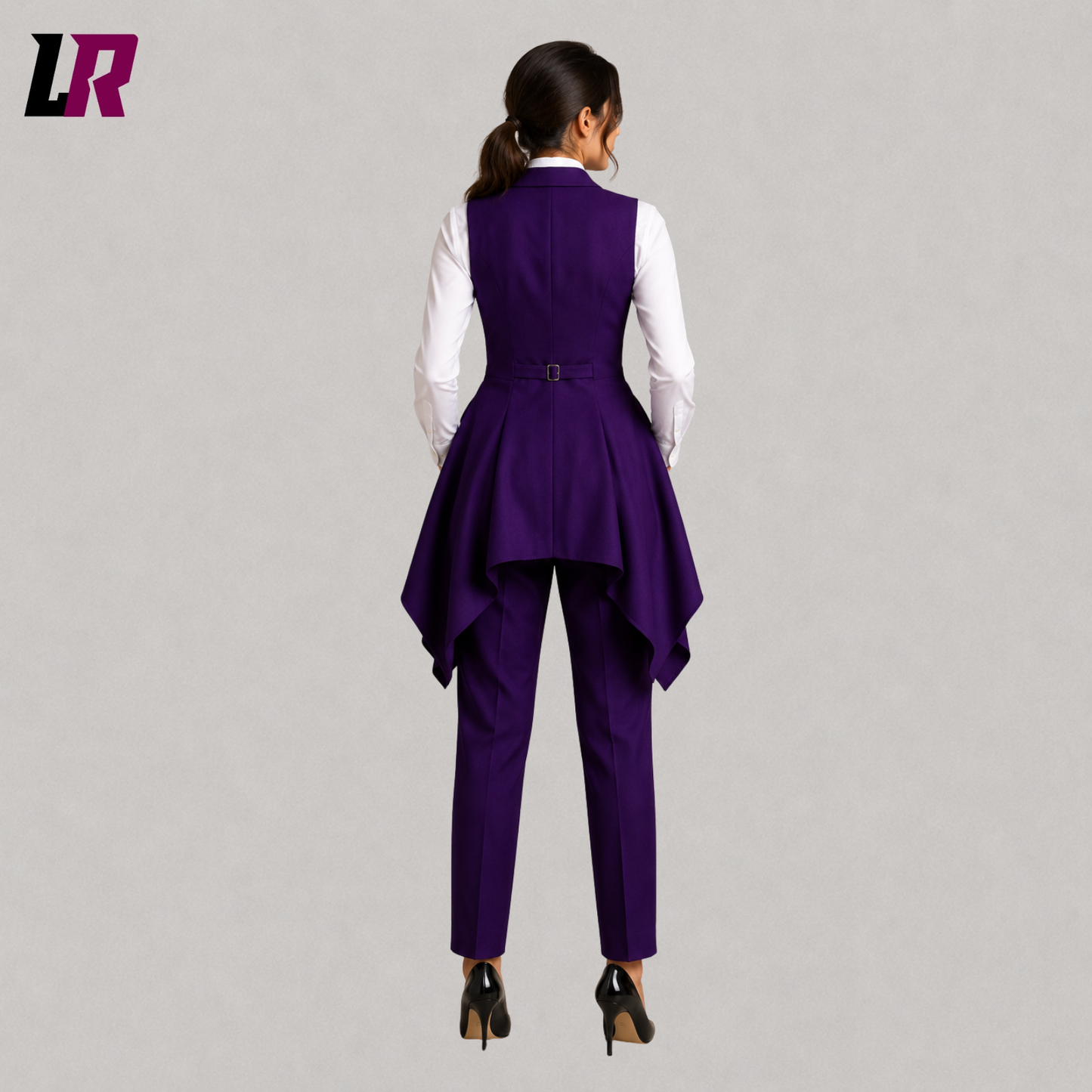 Back view of women's luxury purple Victorian tailcoat pantsuit showcasing the elegant long tailcoat design