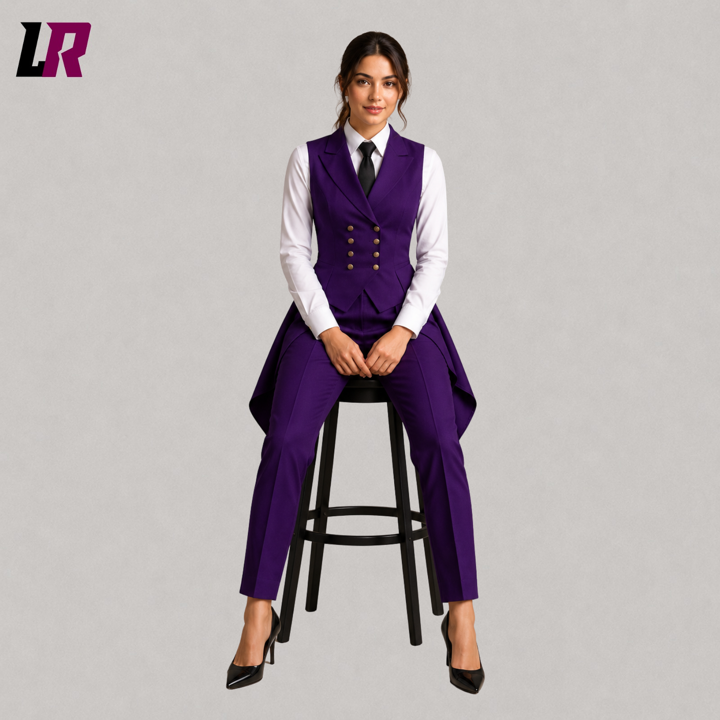 Women's luxury purple Victorian tailcoat pantsuit with model seated on a stool in a sophisticated designer fashion pose