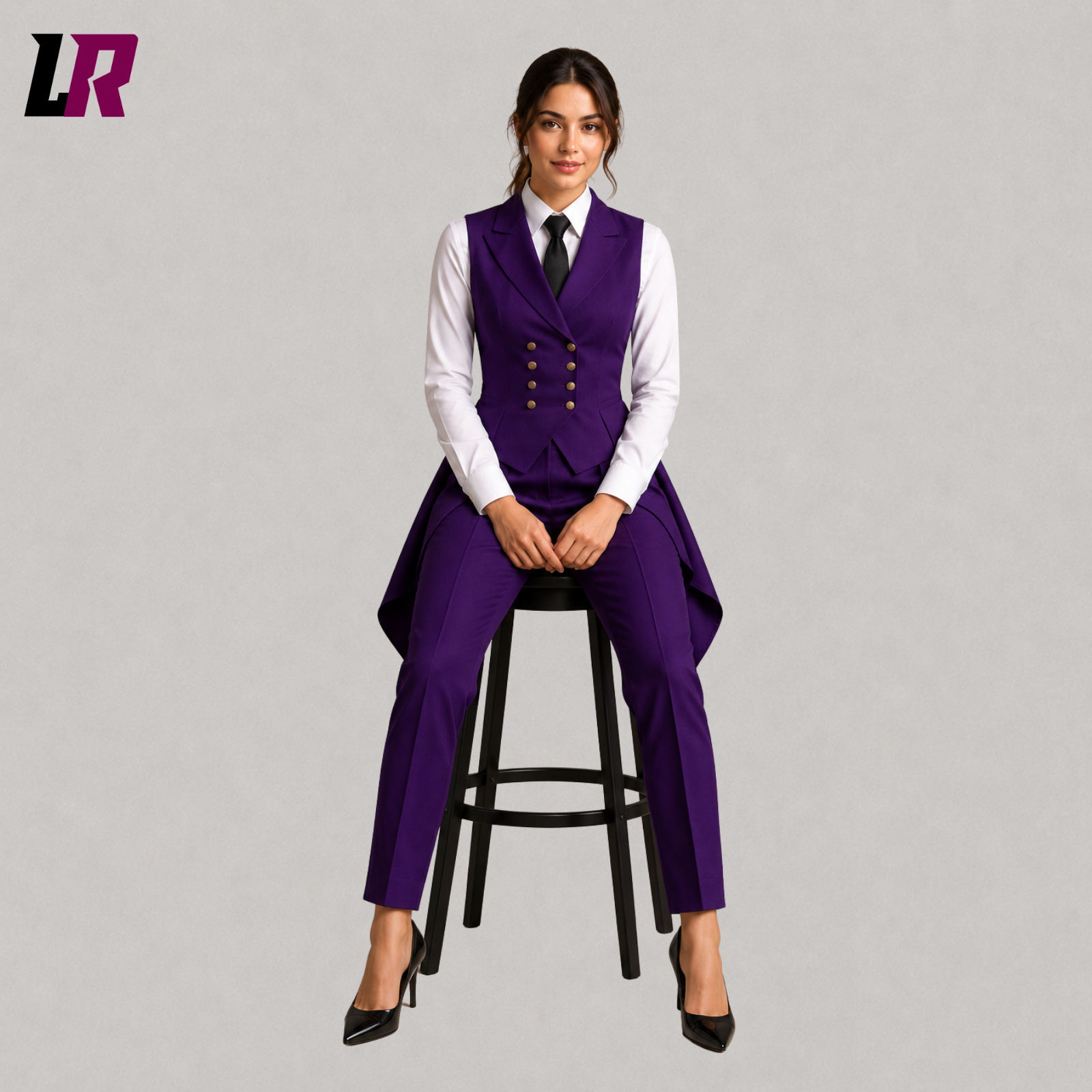 Women's luxury purple Victorian tailcoat pantsuit with model seated on a stool in a sophisticated designer fashion pose