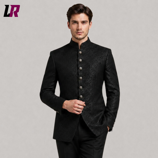 Close-up of men's black Bandhgala suit featuring a Chinese tunic collar and premium tailored detailing