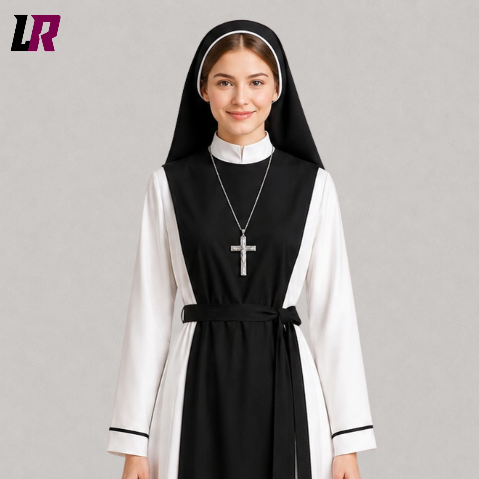 Close-up of a traditional nun habit featuring premium fabric, modest tailoring, and matching religious veil