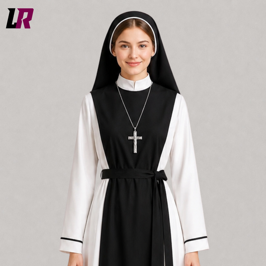 Close-up of a traditional nun habit featuring premium fabric, modest tailoring, and matching religious veil