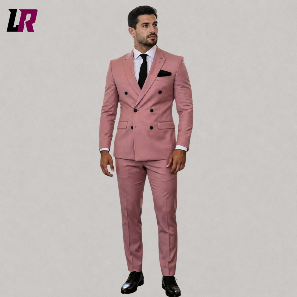 Front view of a men's rose pink 2-piece double breasted wedding suit with matching tailored trousers