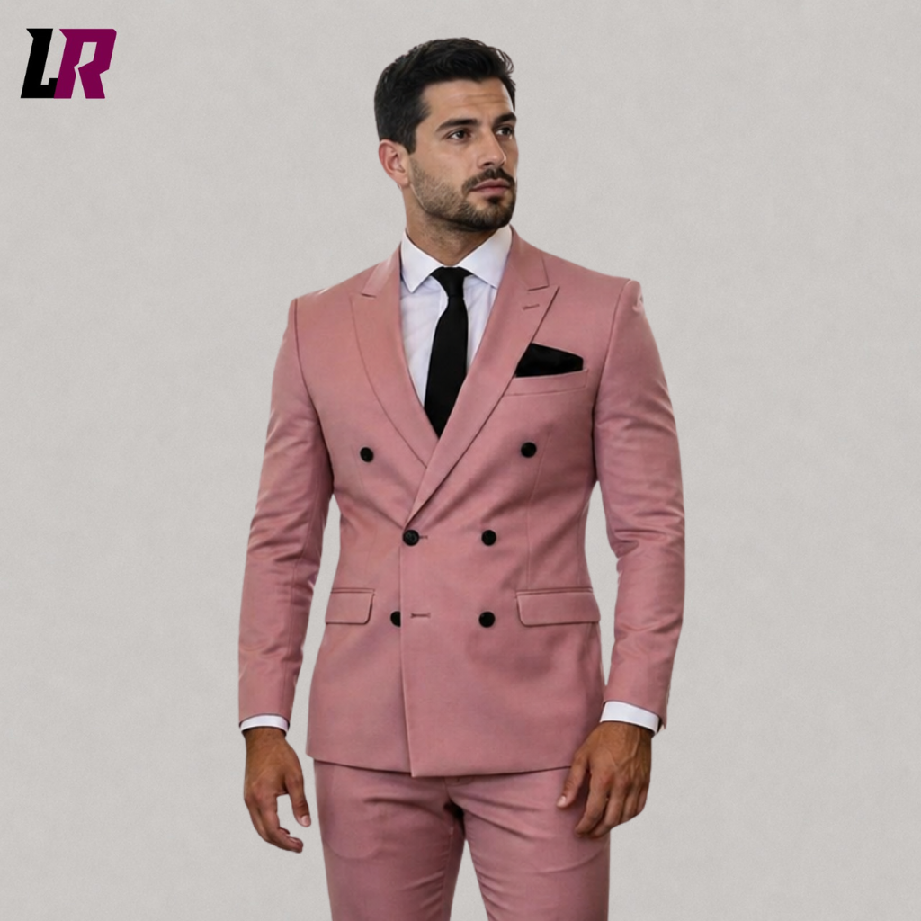 Close-up of a men's rose pink double breasted suit featuring premium fabric and elegant tailoring