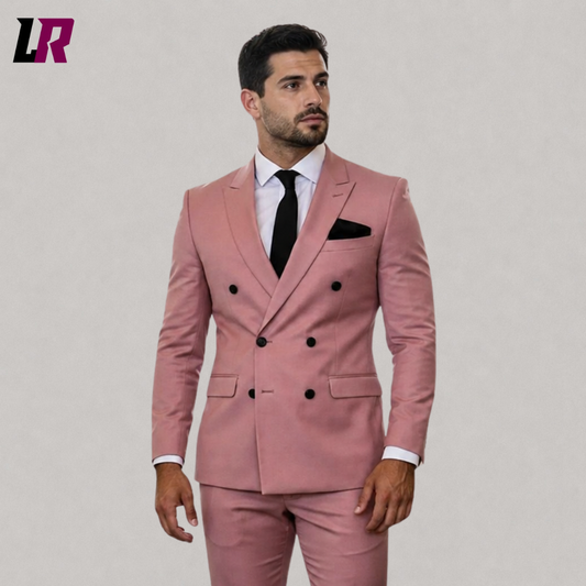 Close-up of a men's rose pink double breasted suit featuring premium fabric and elegant tailoring