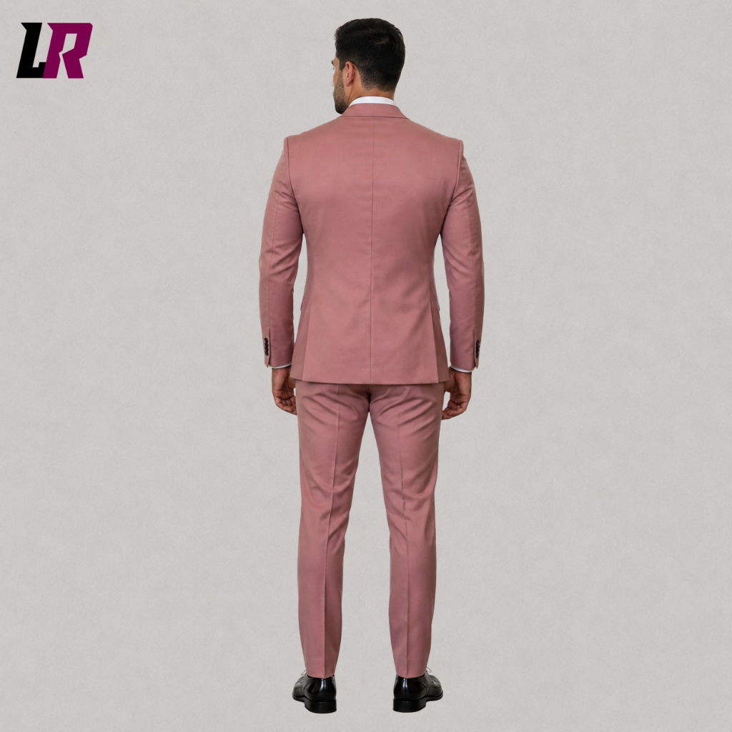 Back view of a men's rose pink formal suit showing the elegant double breasted tailored silhouette