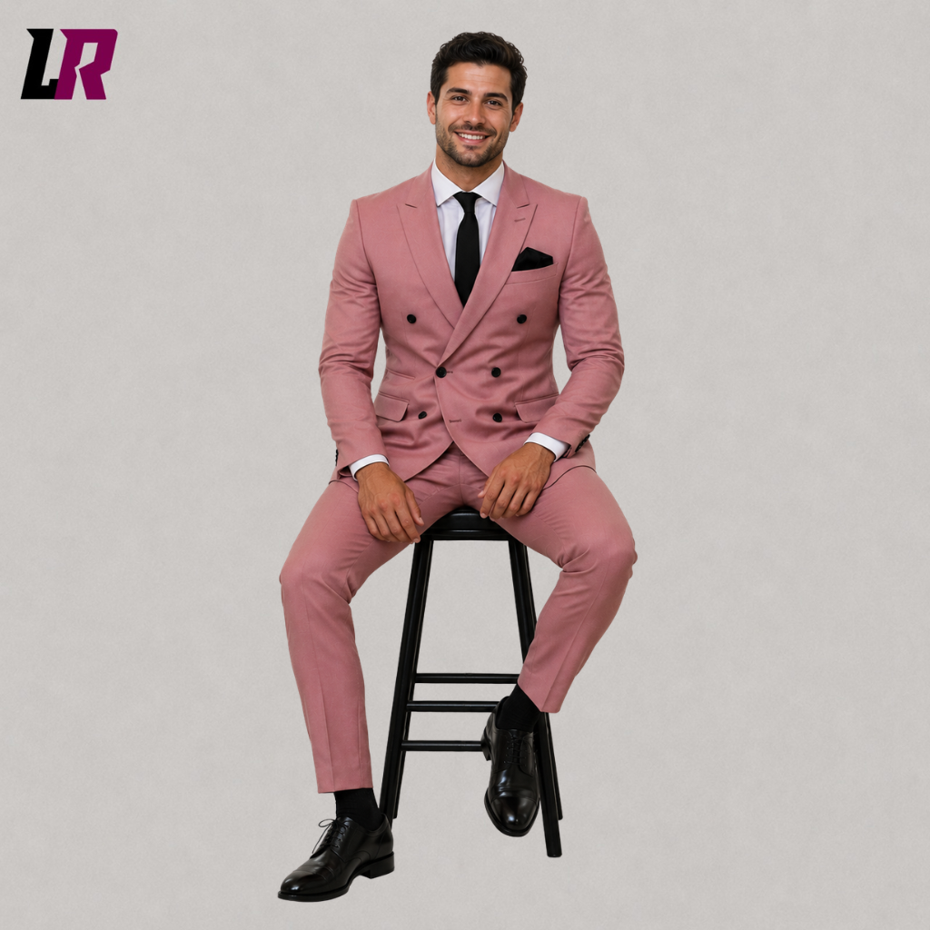 Man sitting on a stool wearing a rose pink double breasted 2-piece suit for weddings and formal events