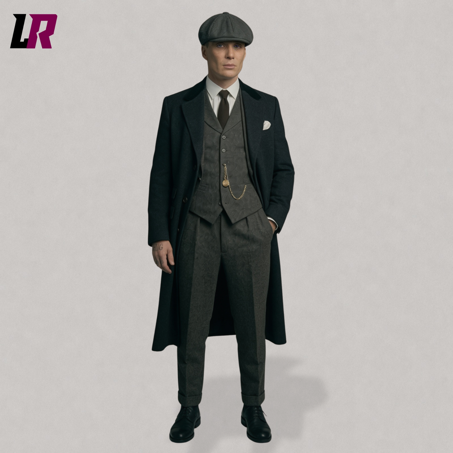Full-body portrait of a man in a vintage tweed 3-piece suit, black overcoat, and flat cap, 1920s-inspired wedding outfit