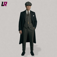 Men Vintage Tweed 3 Piece Suit with Black Overcoat & Flat Cap | 1920s Style Wedding Outfit