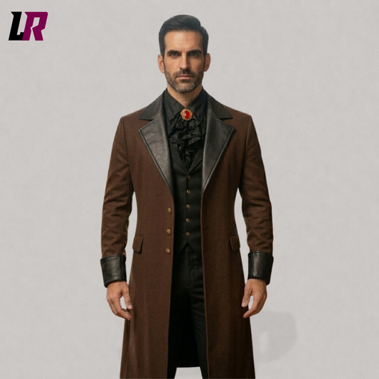 Close-up of a brown Victorian gothic tailcoat featuring black lapels and vintage aristocrat details