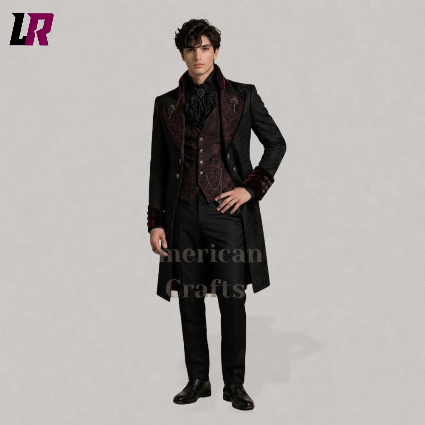 Full body view of a man wearing a black Gothic Victorian tailcoat 3 piece suit with aristocrat wedding styling