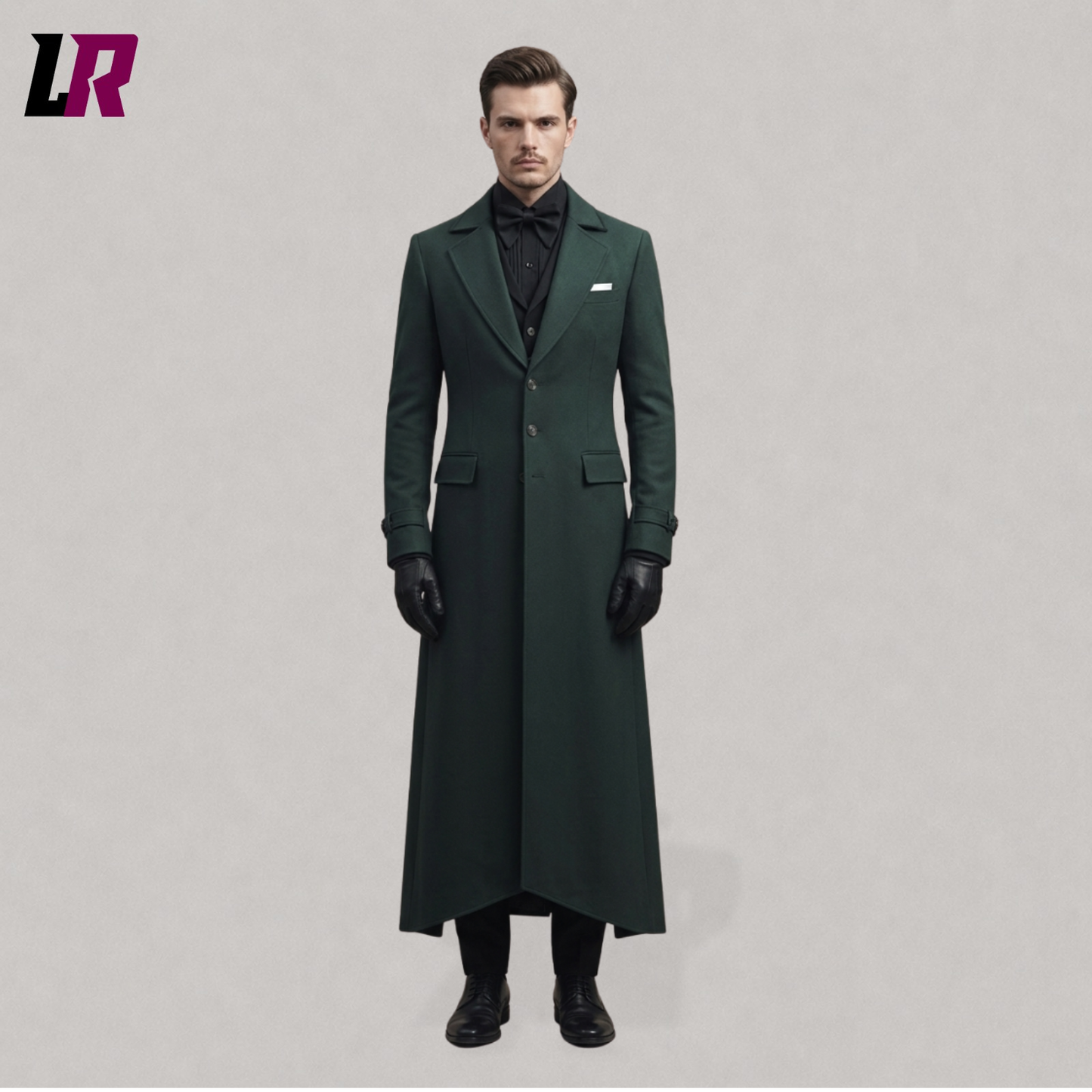Full body view of a man wearing a dark green Victorian tailcoat with gothic and steampunk-inspired styling