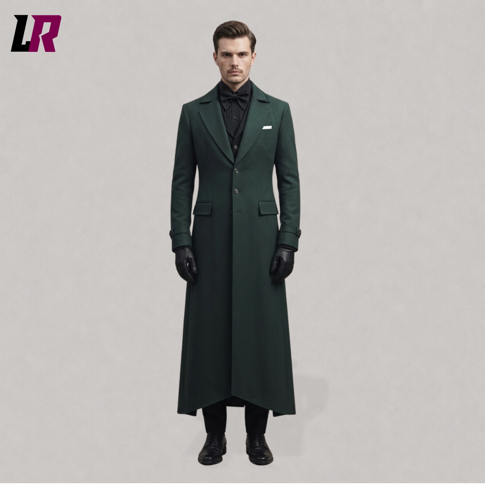 Full body view of a man wearing a dark green Victorian tailcoat with gothic and steampunk-inspired styling