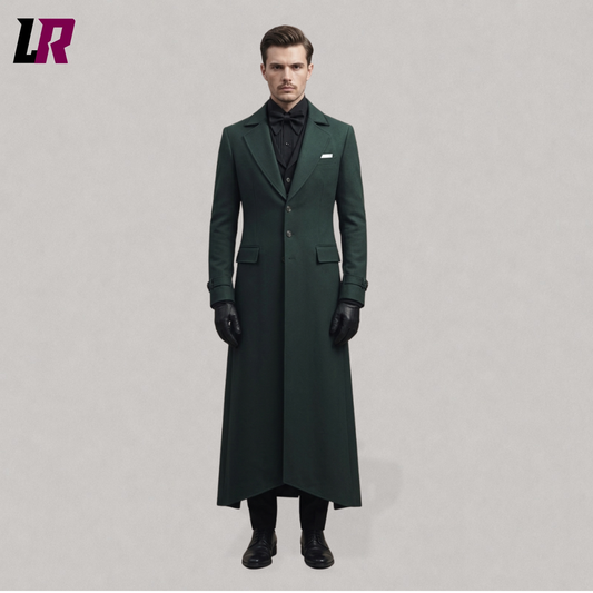 Full body view of a man wearing a dark green Victorian tailcoat with gothic and steampunk-inspired styling
