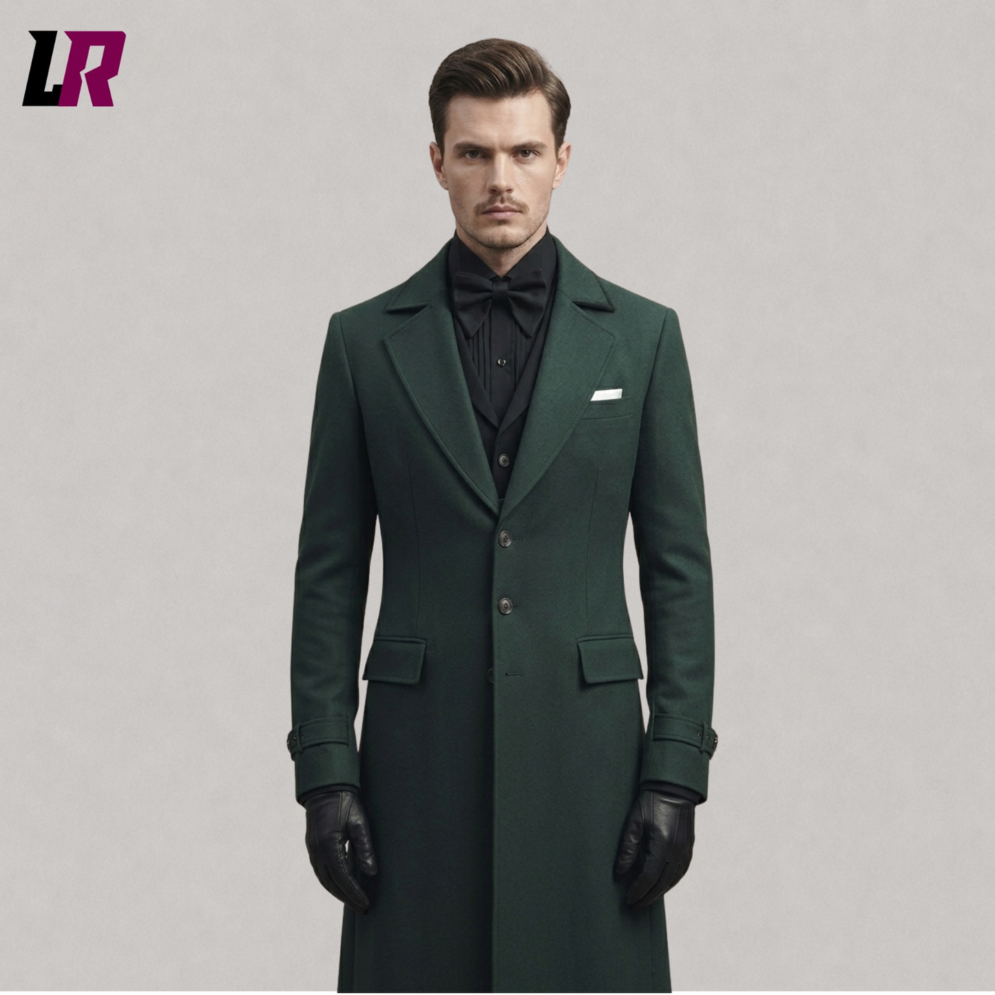 Close-up of a men's dark green Victorian tailcoat featuring elegant gothic detailing