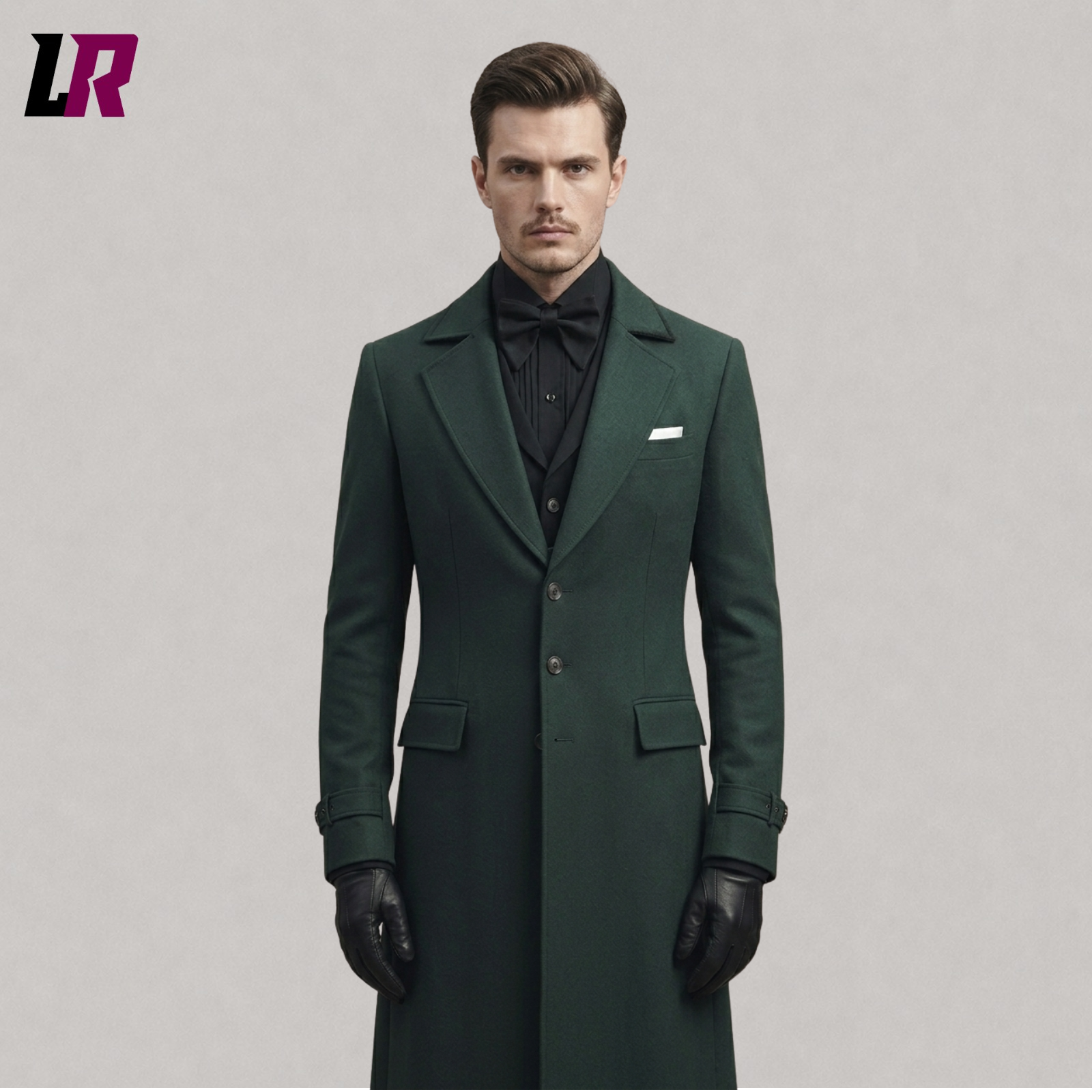 Close-up of a men's dark green Victorian tailcoat featuring elegant gothic detailing