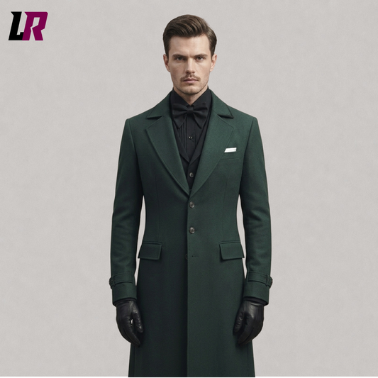 Close-up of a men's dark green Victorian tailcoat featuring elegant gothic detailing