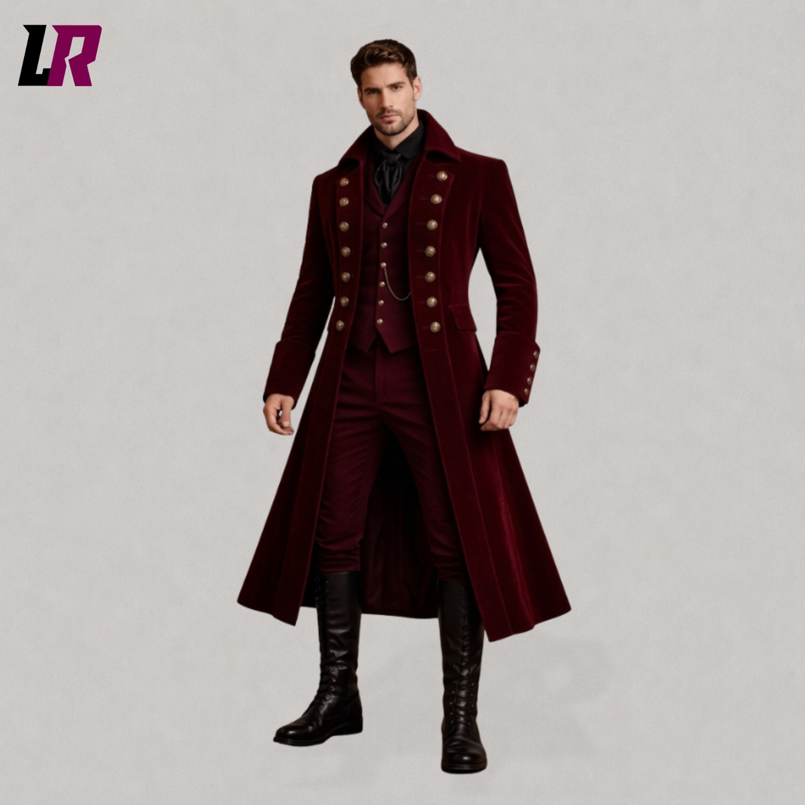 Full body view of a man wearing a Victorian velvet tailcoat suit with Gothic Regency-inspired styling