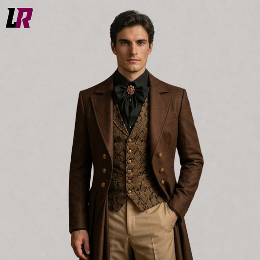 Close-up of a men's brown Victorian tailcoat featuring elegant Regency and aristocrat details
