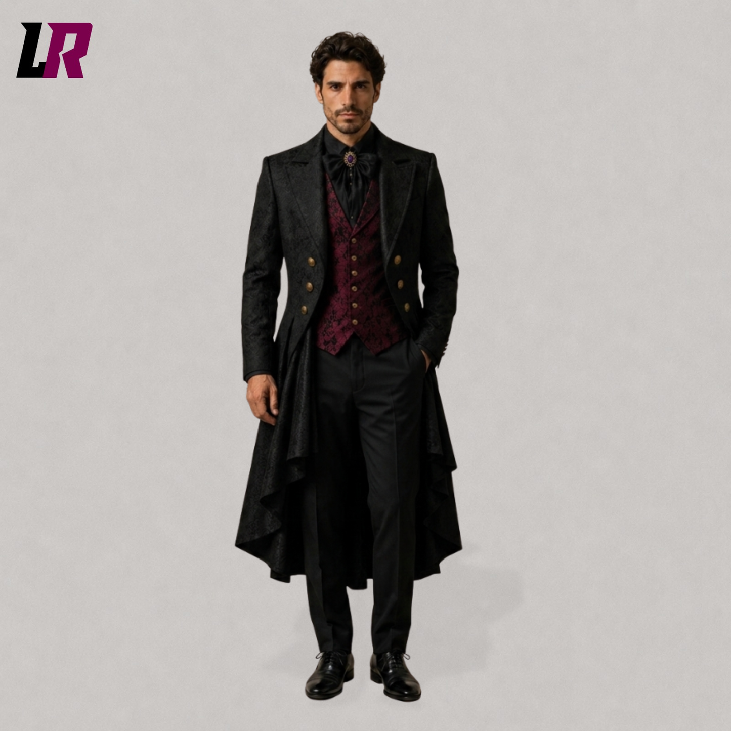 Full body view of a man wearing a black Gothic tailcoat with burgundy waistcoat and Victorian steampunk styling