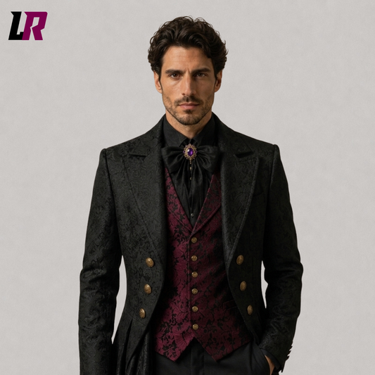 Close-up of a men's black Gothic tailcoat featuring a burgundy waistcoat and elegant Victorian details