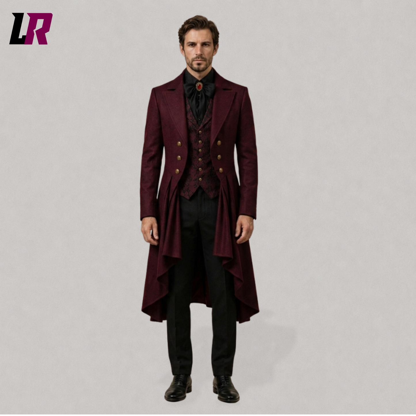 Full body view of a man wearing a burgundy Gothic Victorian tailcoat with steampunk-inspired styling