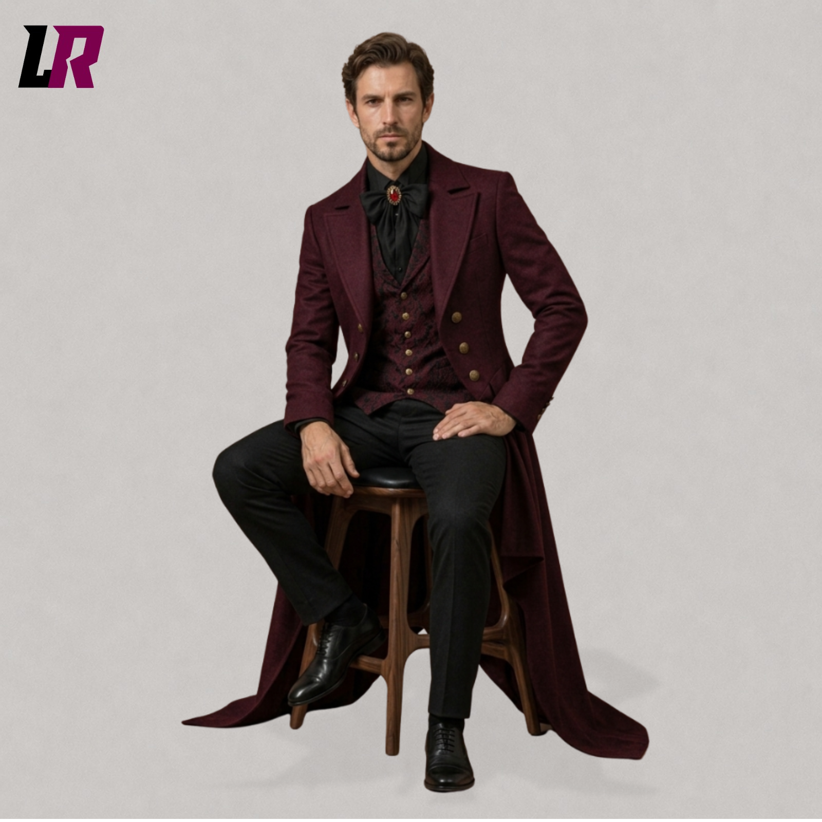 Full body seated portrait of a man wearing a burgundy Victorian tailcoat and steampunk wedding jacket