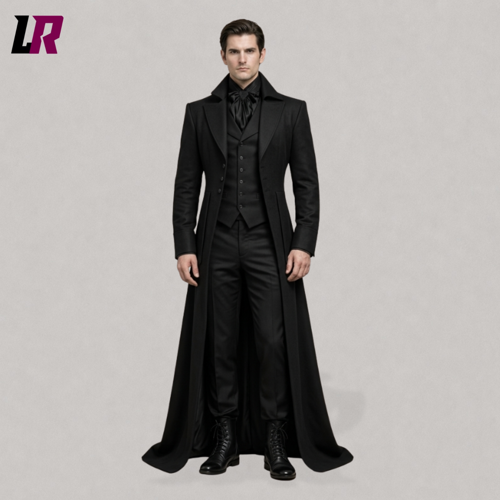 Full body view of a man wearing a Victorian Gothic tailcoat suit with black Regency-inspired styling