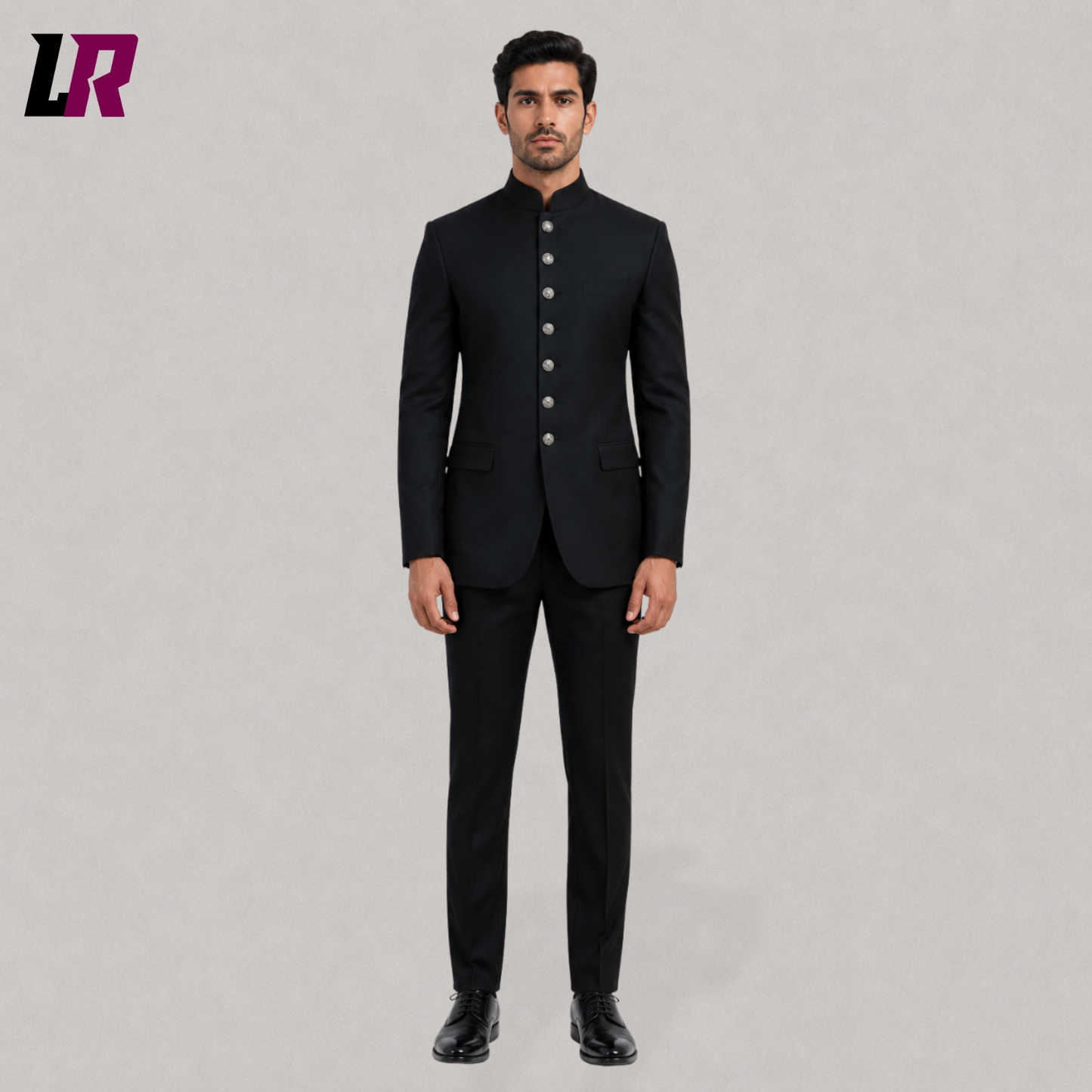 Men's Black Victorian Gothic Chinese Tunic Suit front view with Regency Bandhgala Jodhpuri jacket