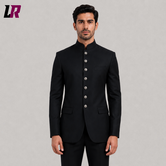 Close-up of men's black Victorian Gothic Chinese Tunic Suit featuring Bandhgala collar and premium detailing