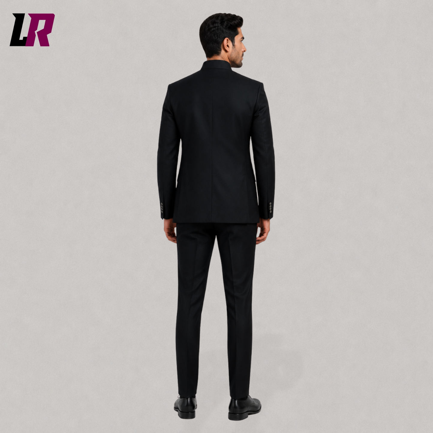 Back view of men's black Victorian Gothic Chinese Tunic Suit with tailored Regency-inspired fit