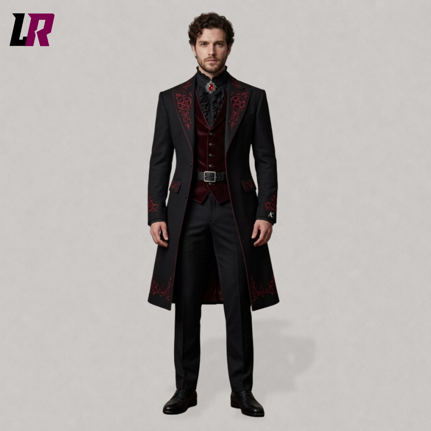 Full body view of a man wearing a gothic vampire tailcoat with black and red embroidery, Victorian Dracula-inspired steampunk coat