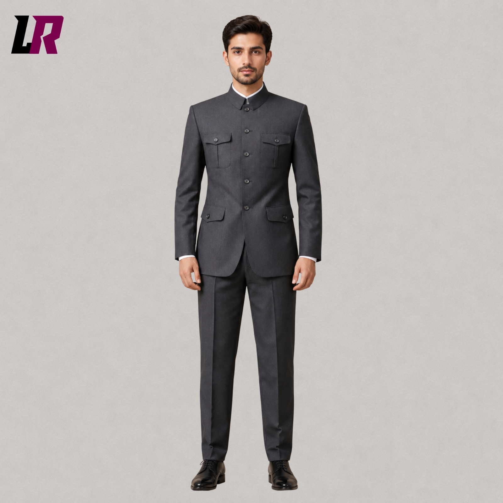 Men's Grey Mandarin Collar Suit | Mao Style Chinese Tunic Formal Suit