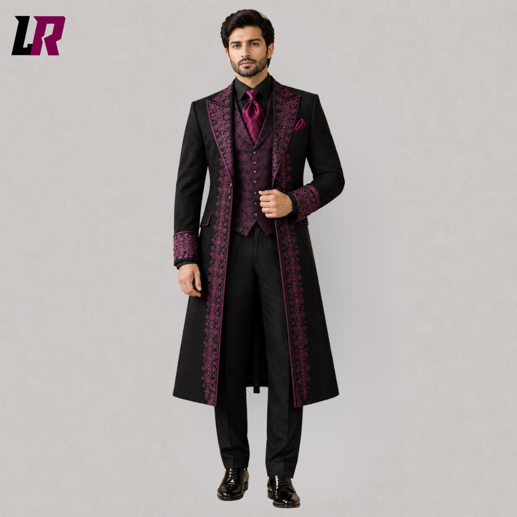 Luxury Embroidered Regency Tailcoat for Men – Elegant Purple & Black Formal Wear