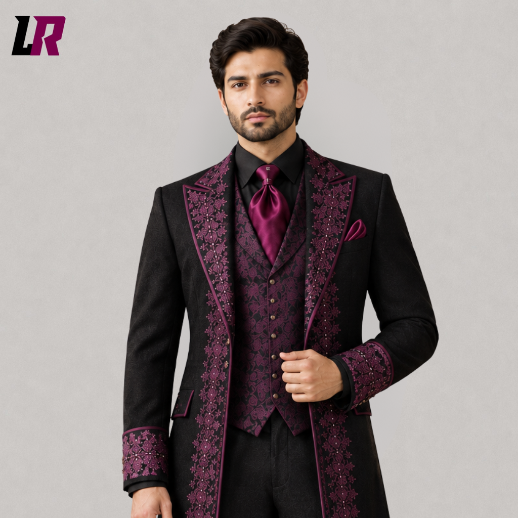 Luxury Embroidered Regency Tailcoat for Men – Elegant Purple & Black Formal Wear