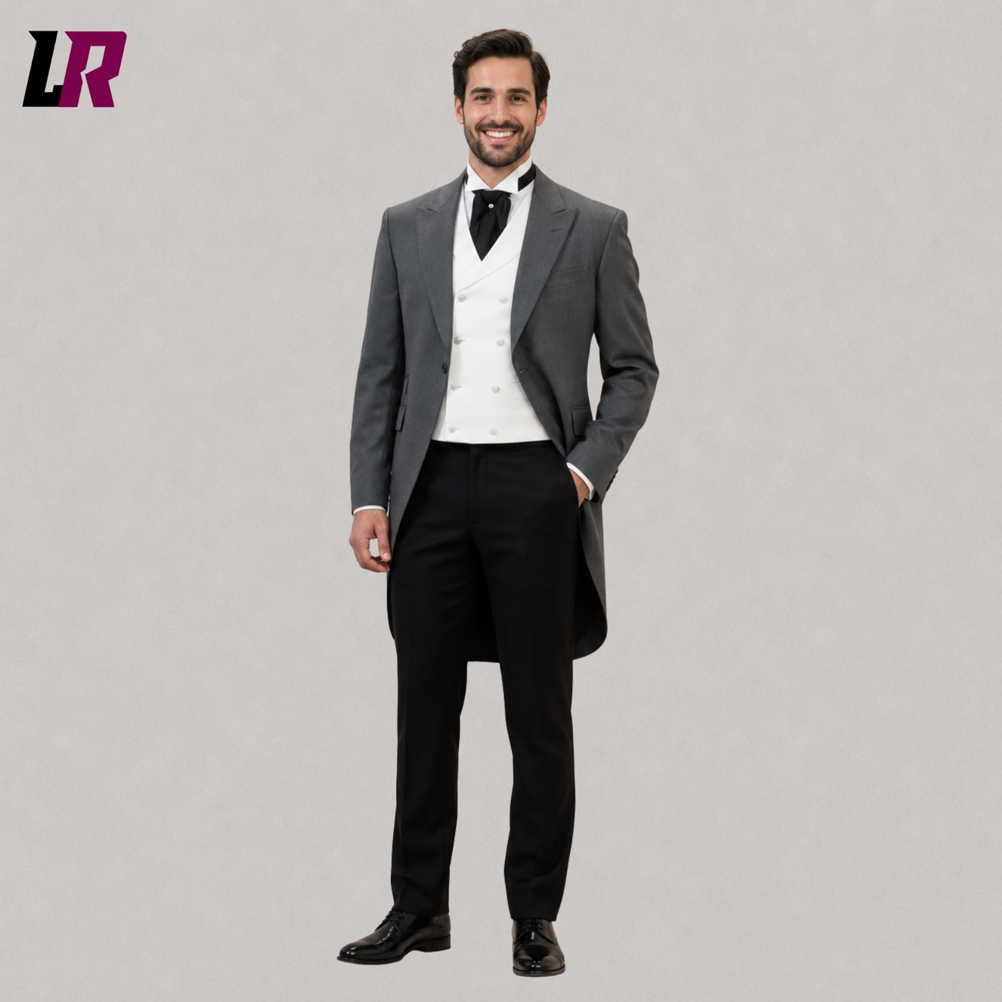 Grey morning tailcoat suit for men front view with Victorian-inspired wedding tuxedo design