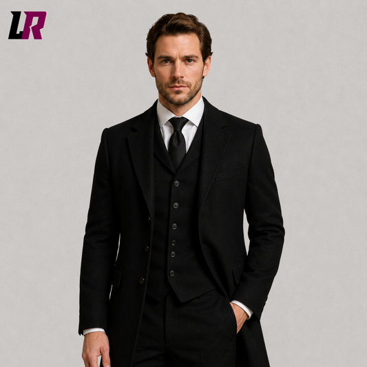 Close-up of Victorian black frock coat suit featuring premium tailoring and Gothic lapel details