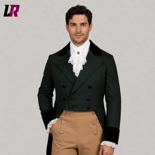 Close-up of men's Regency tailcoat suit featuring premium tailoring and classic Georgian details