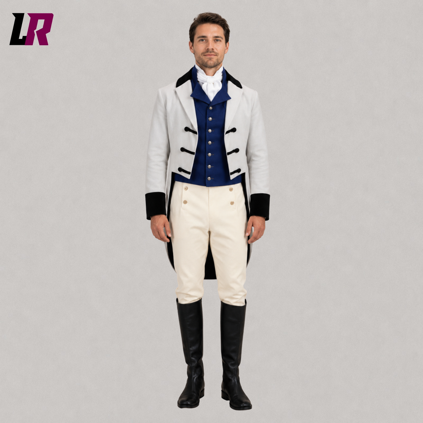 Men's Regency tailcoat outfit front view with Georgian military style wedding coat