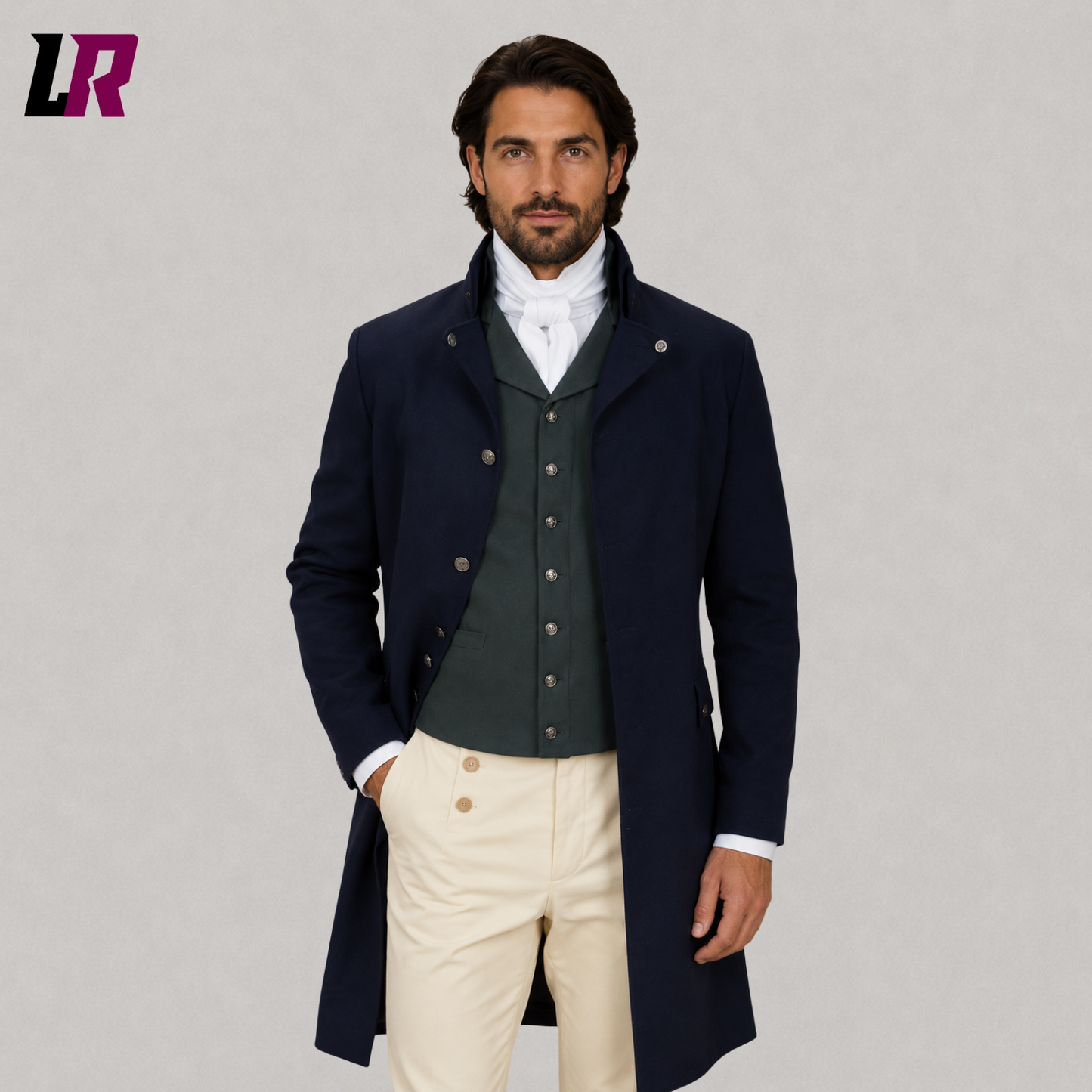 Close-up of men's Regency tailcoat outfit featuring Victorian cutaway coat and premium tailoring