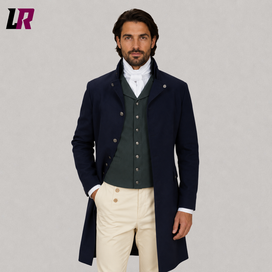 Close-up of men's Regency tailcoat outfit featuring Victorian cutaway coat and premium tailoring