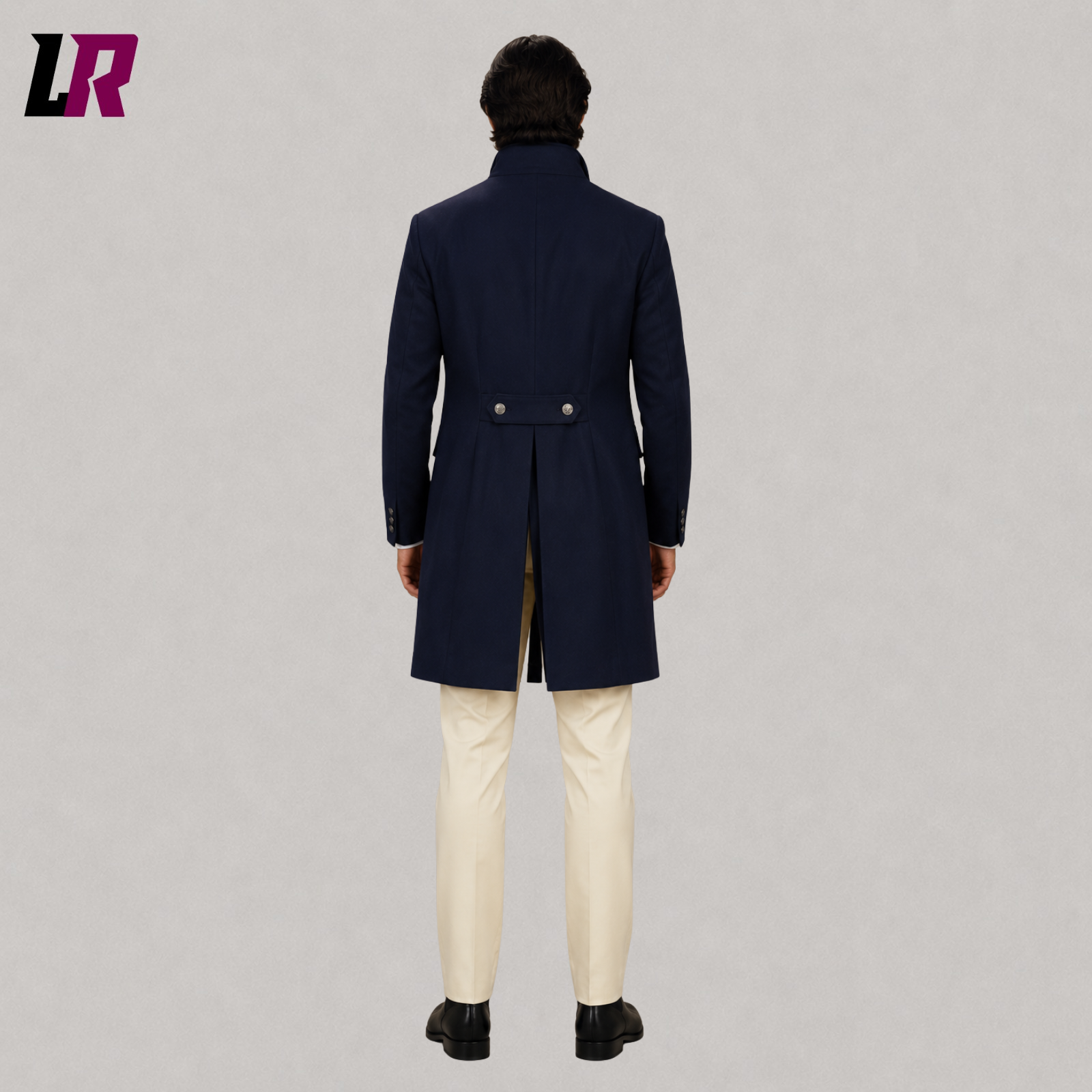 Back view of men's Regency tailcoat outfit with elegant Victorian cutaway tailcoat design