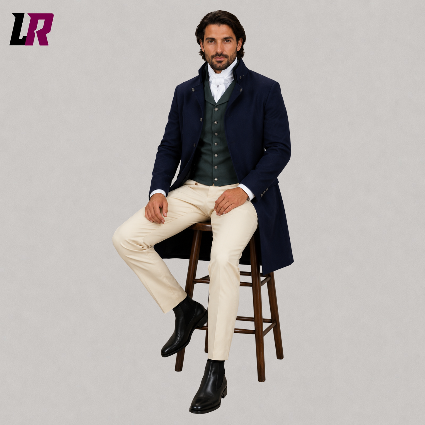 Man wearing a Regency tailcoat outfit with a Victorian cutaway coat seated on a stool in a formal portrait