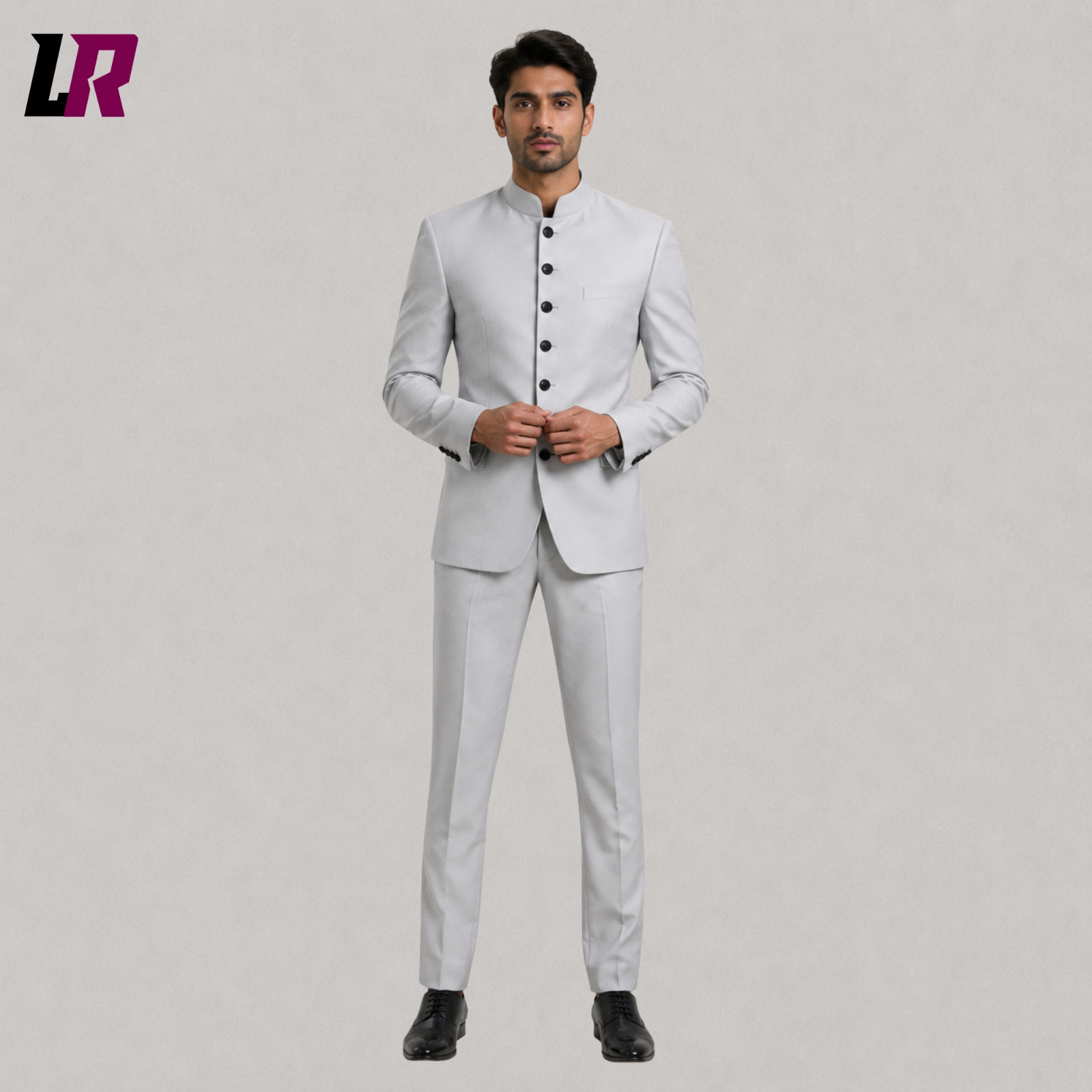 Men's light grey Bandhgala suit front view with Chinese tunic Mandarin collar