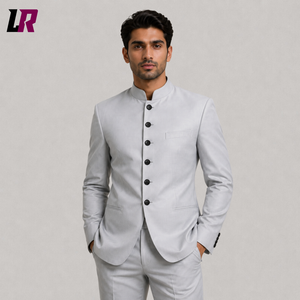 Men's Light Grey Bandhgala Suit | Chinese Tunic Mandarin Collar Wedding Suit