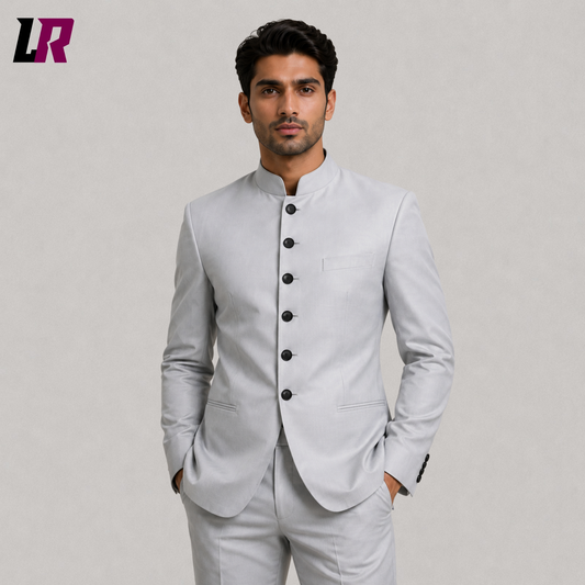 Close-up of men's light grey Bandhgala suit featuring Mandarin collar and premium tailoring