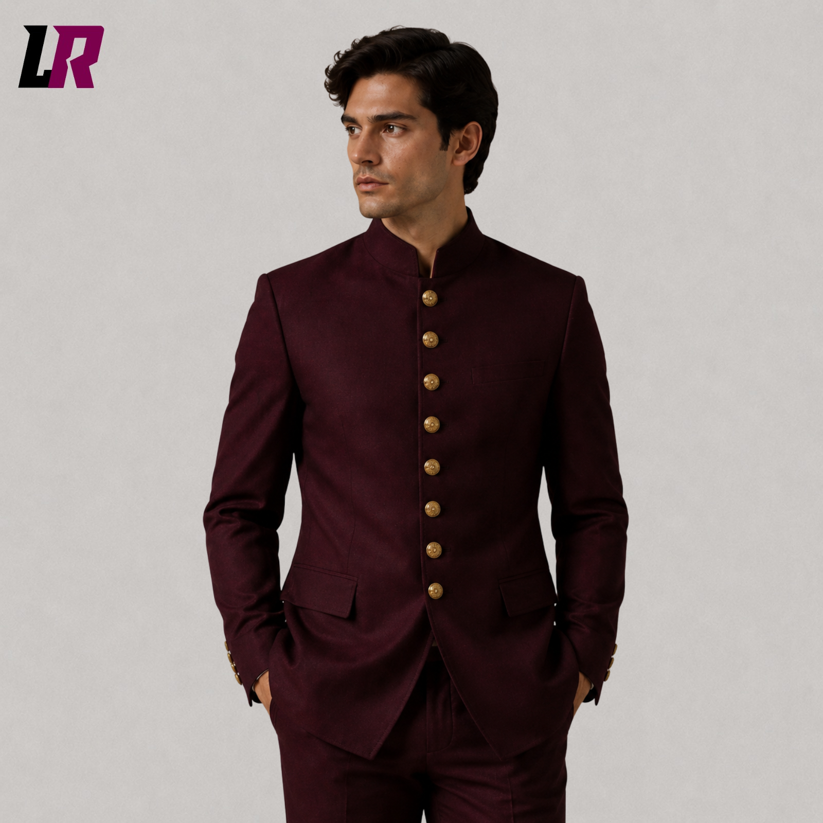 Close-up of men's burgundy Bandhgala suit featuring Mandarin collar and Victorian Gothic tailoring