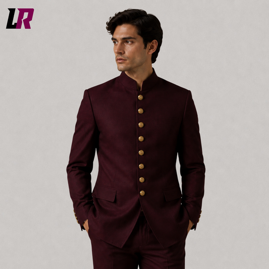Close-up of men's burgundy Bandhgala suit featuring Mandarin collar and Victorian Gothic tailoring