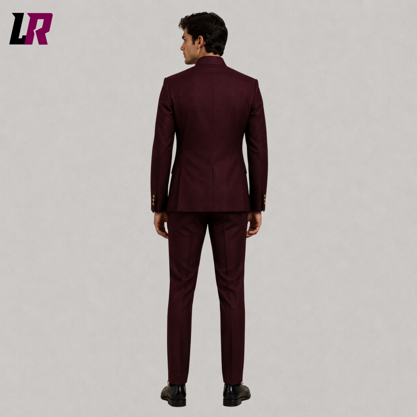 Back view of men's burgundy Chinese tunic Bandhgala suit with tailored Regency-inspired fit